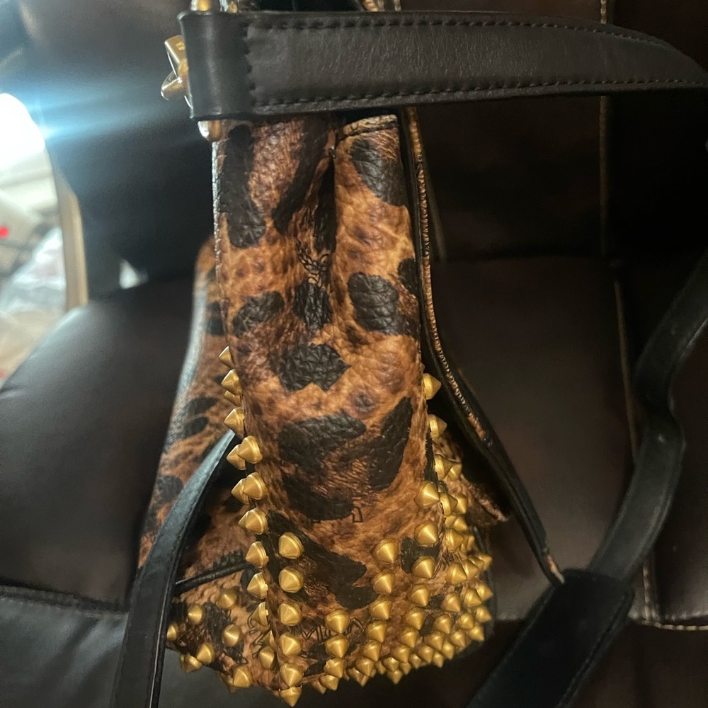 MCM Leopard Print Satchel with Black Trim and Gold Studs - Picture 5 of 9